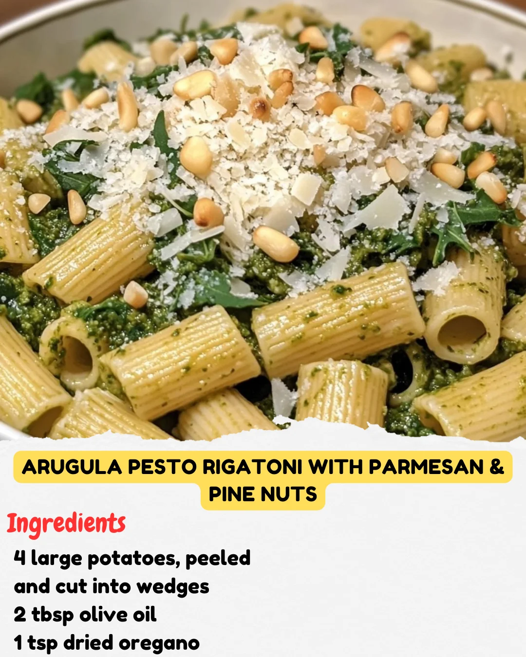 Arugula Pesto Rigatoni with Parmesan & Pine Nuts