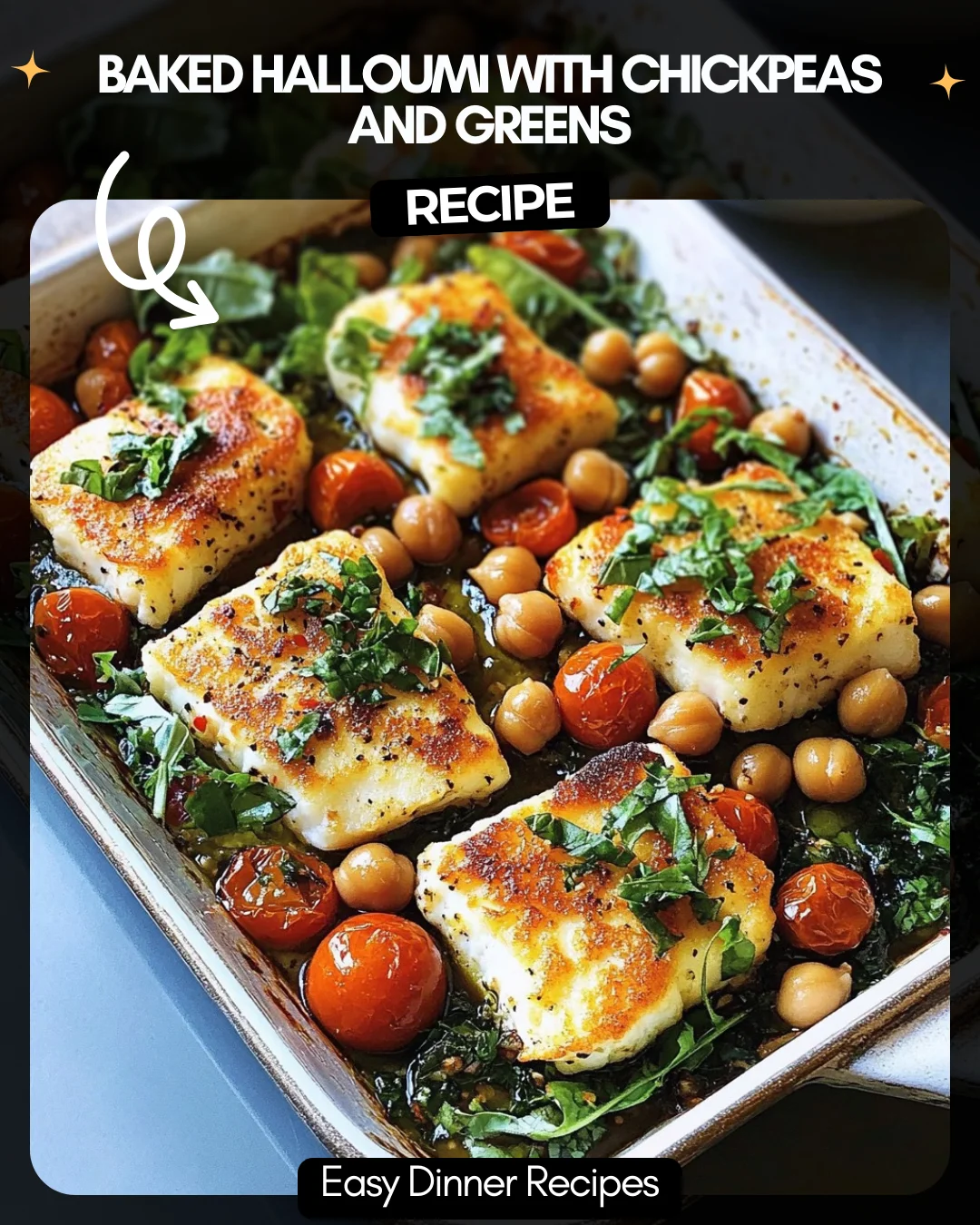 Baked Halloumi with Chickpeas and Greens