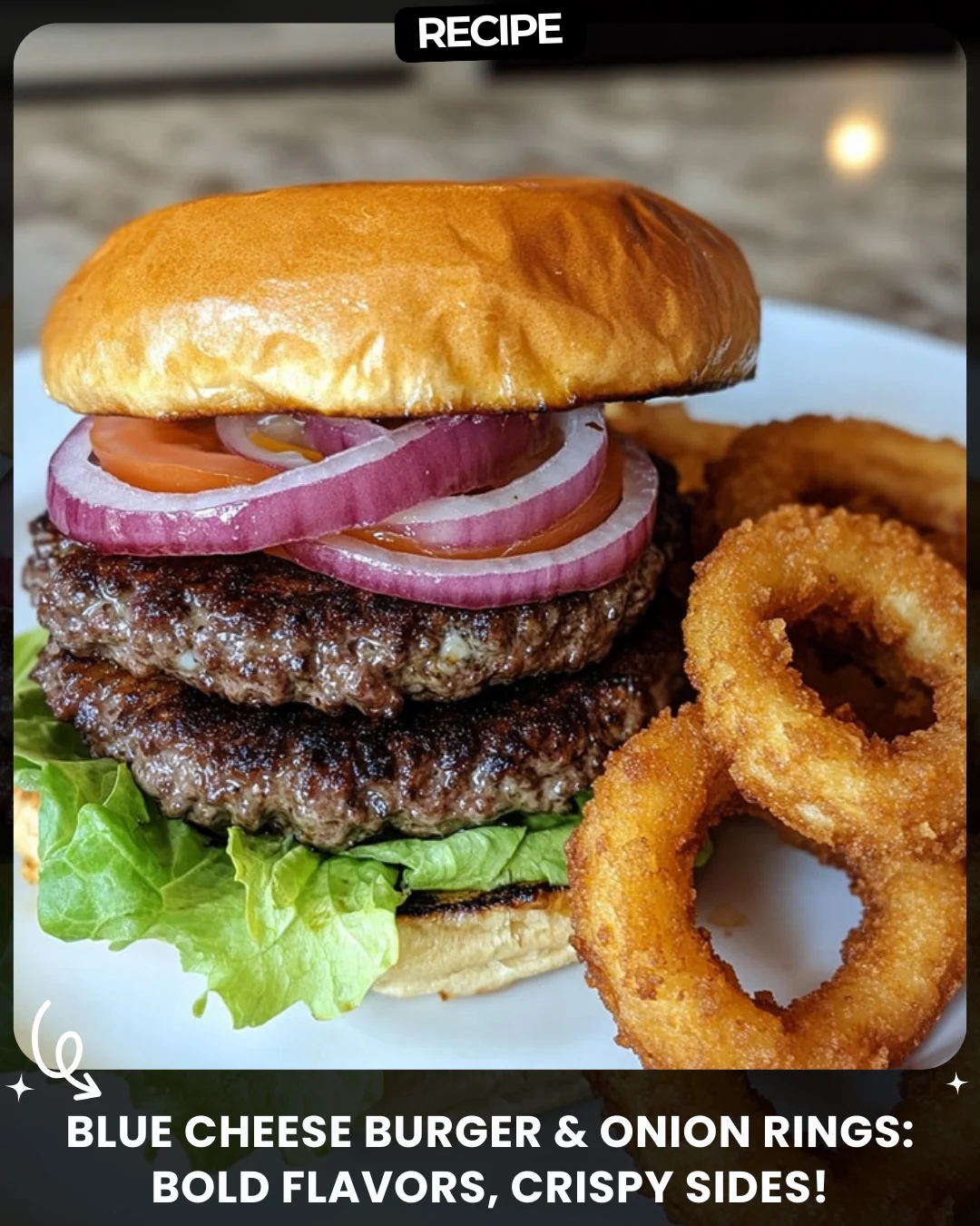 Blue Cheese Burger & Onion Rings: Bold Flavors, Crispy Sides!