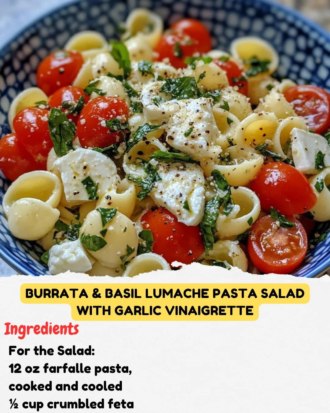 Burrata & Basil Lumache Pasta Salad with Garlic Vinaigrette