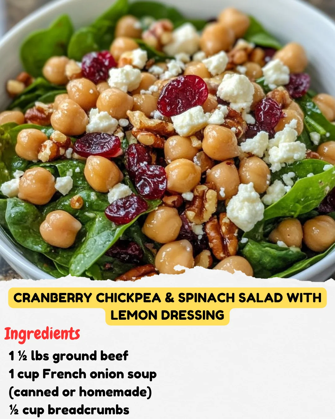 Cranberry Chickpea & Spinach Salad with Lemon Dressing