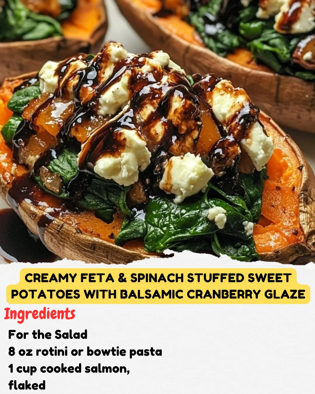 Creamy Feta & Spinach Stuffed Sweet Potatoes with Balsamic Cranberry Glaze