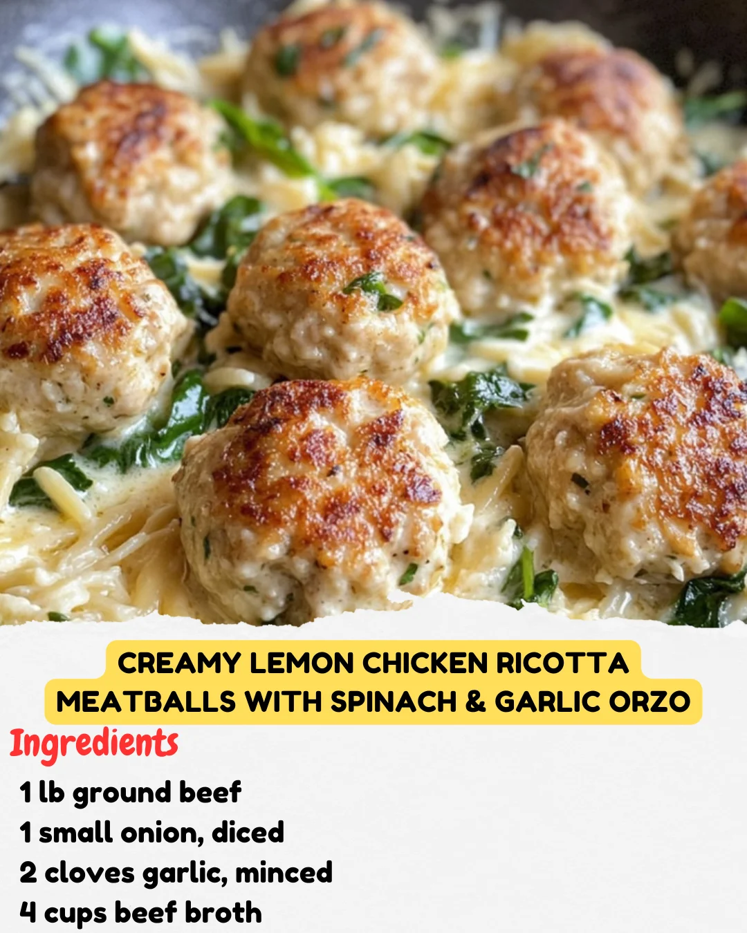 Creamy Lemon Chicken Ricotta Meatballs with Spinach & Garlic Orzo