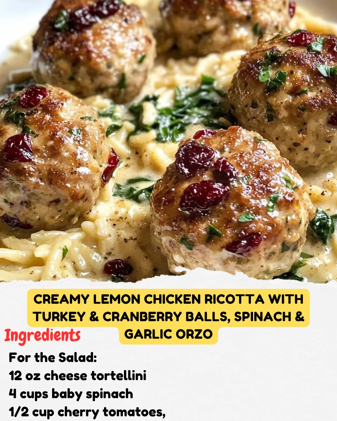 Creamy Lemon Chicken Ricotta with Turkey & Cranberry Balls, Spinach & Garlic Orzo