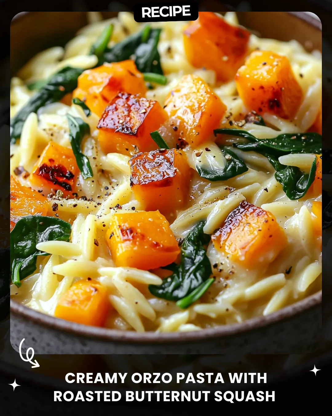 Creamy Orzo Pasta with Roasted Butternut Squash and Spinach (Vegetarian)