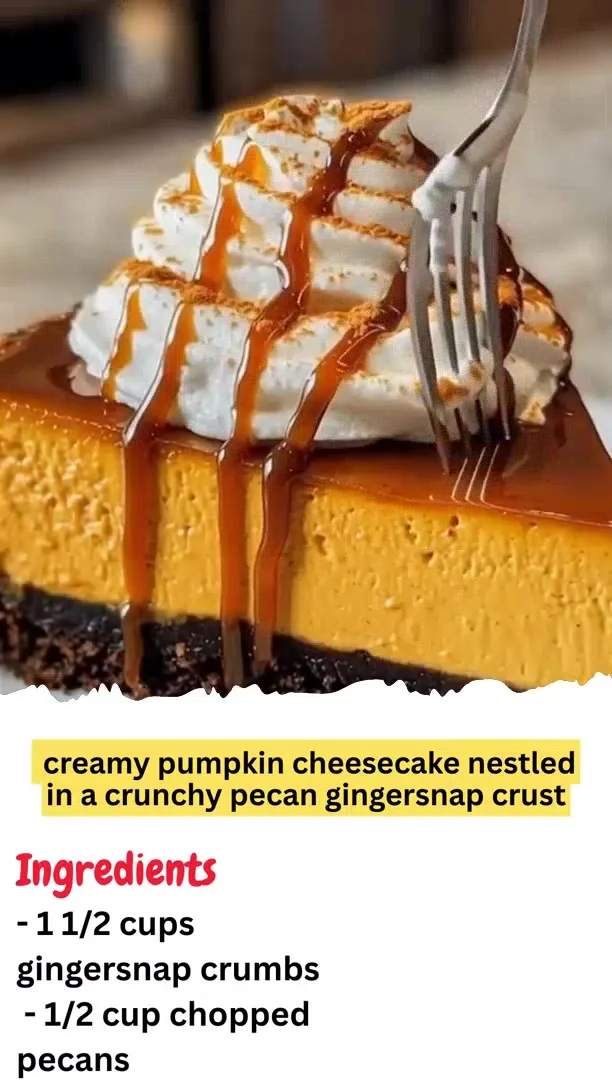 Creamy pumpkin cheesecake nestled in a crunchy pecan gingersnap crust