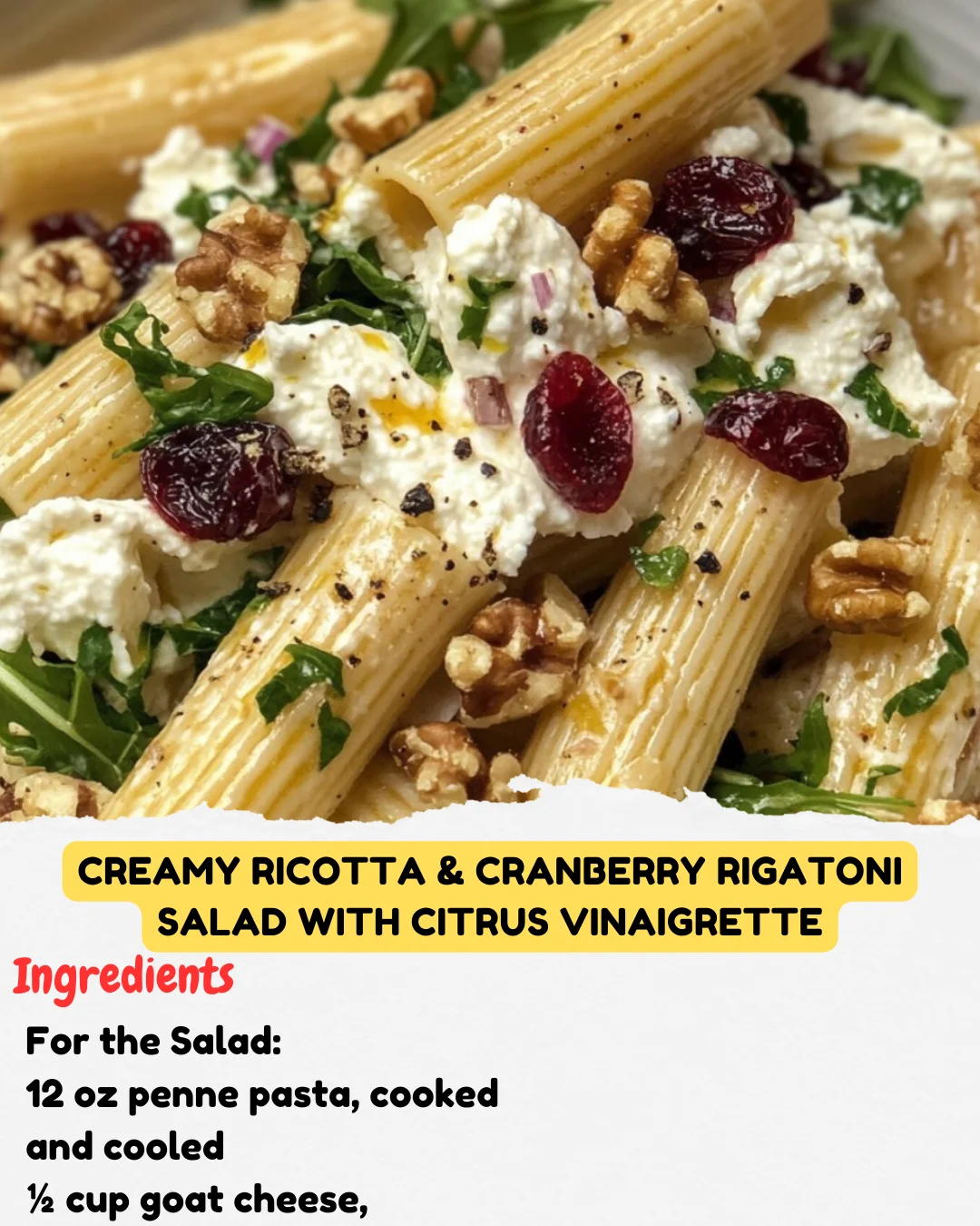 Creamy Ricotta & Cranberry Rigatoni Salad with Citrus Vinaigrette