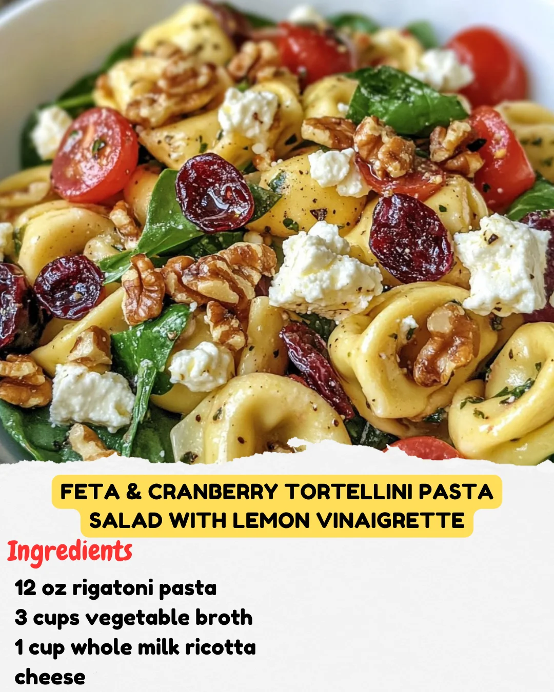Feta & Cranberry Tortellini Pasta Salad with Lemon Vinaigrette