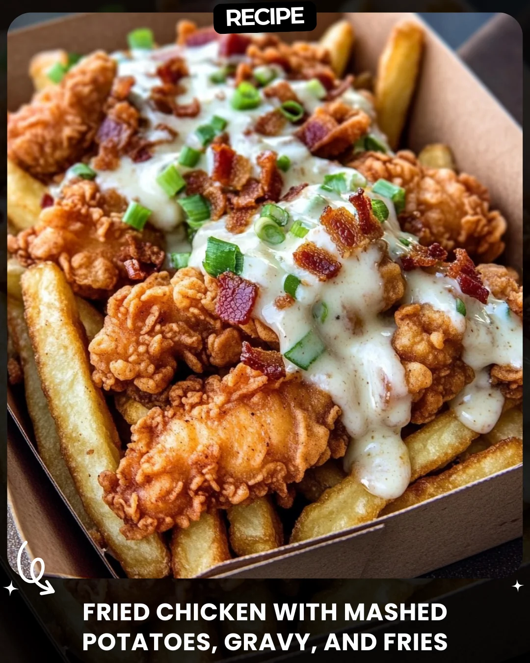 Fried Chicken with Mashed Potatoes, Gravy, and Fries