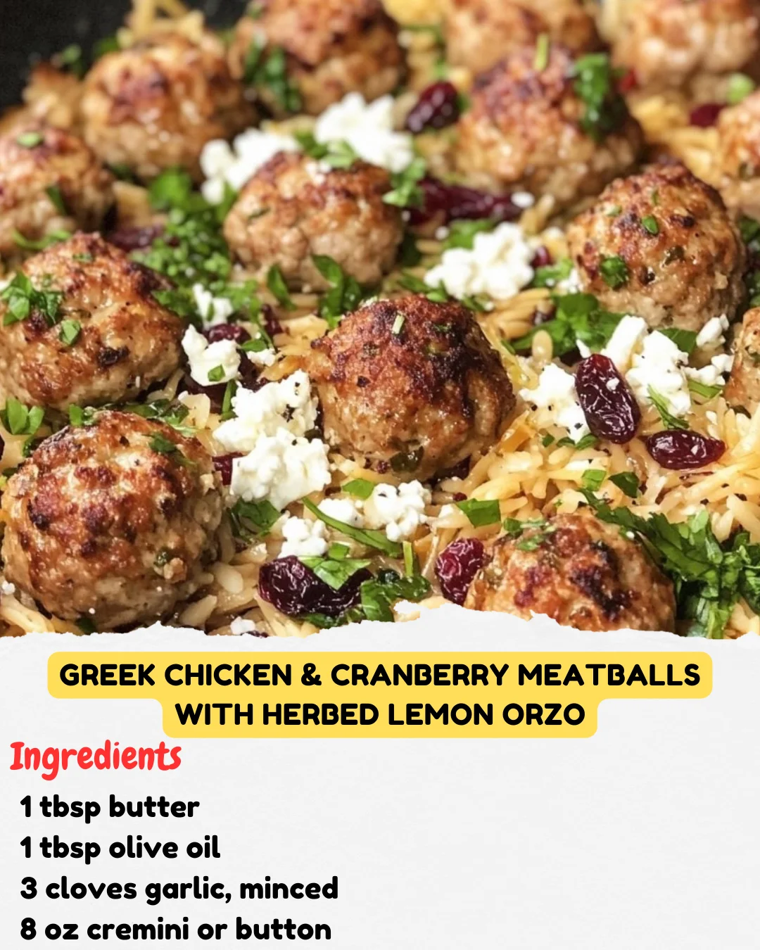 Greek Chicken & Cranberry Meatballs with Herbed Lemon Orzo