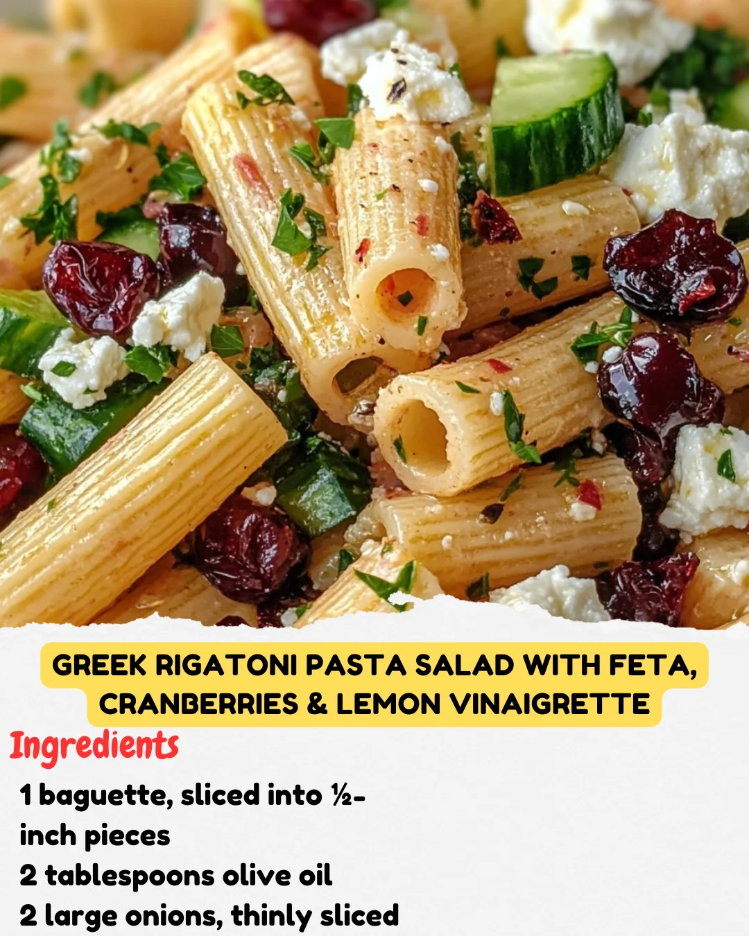 Greek Rigatoni Pasta Salad with Feta, Cranberries & Lemon Vinaigrette