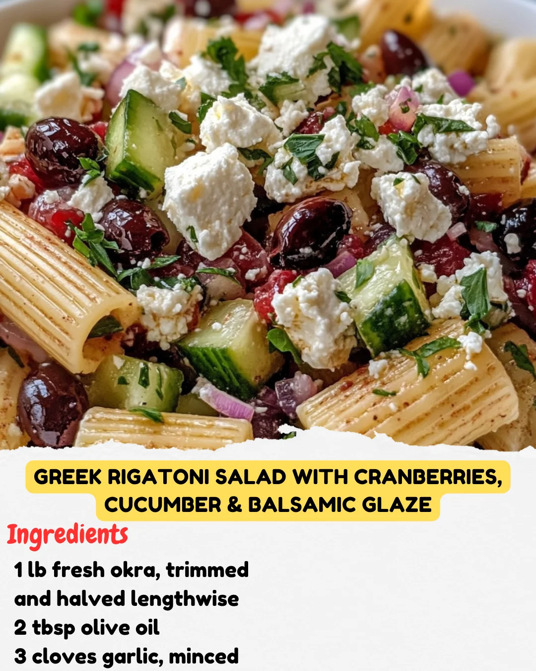 Greek Rigatoni Salad with Cranberries, Cucumber & Balsamic Glaze