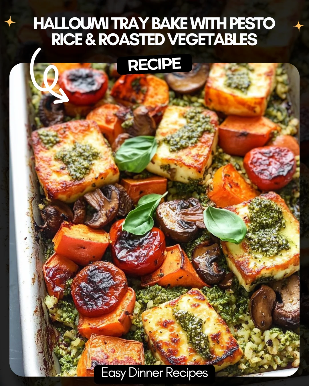 Halloumi Tray Bake with Pesto Rice & Roasted Vegetables