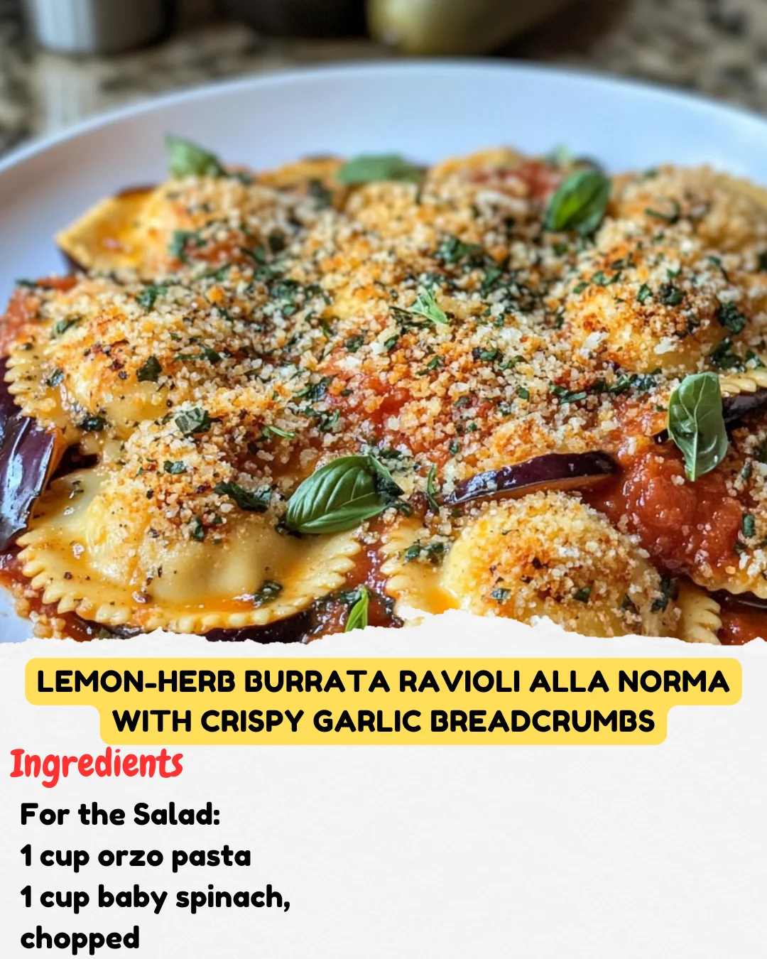 Lemon-Herb Burrata Ravioli alla Norma with Crispy Garlic Breadcrumbs