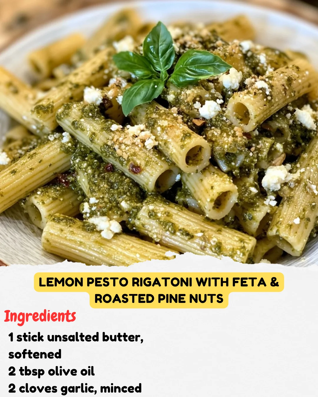 Lemon Pesto Rigatoni with Feta & Roasted Pine Nuts