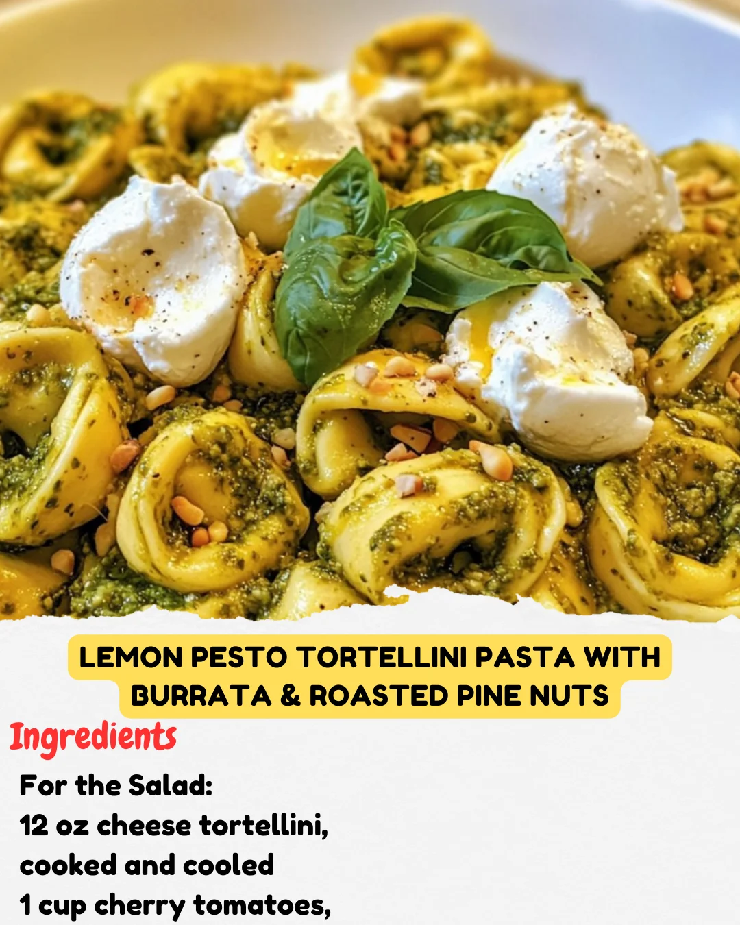 Lemon Pesto Tortellini Pasta with Burrata & Roasted Pine Nuts