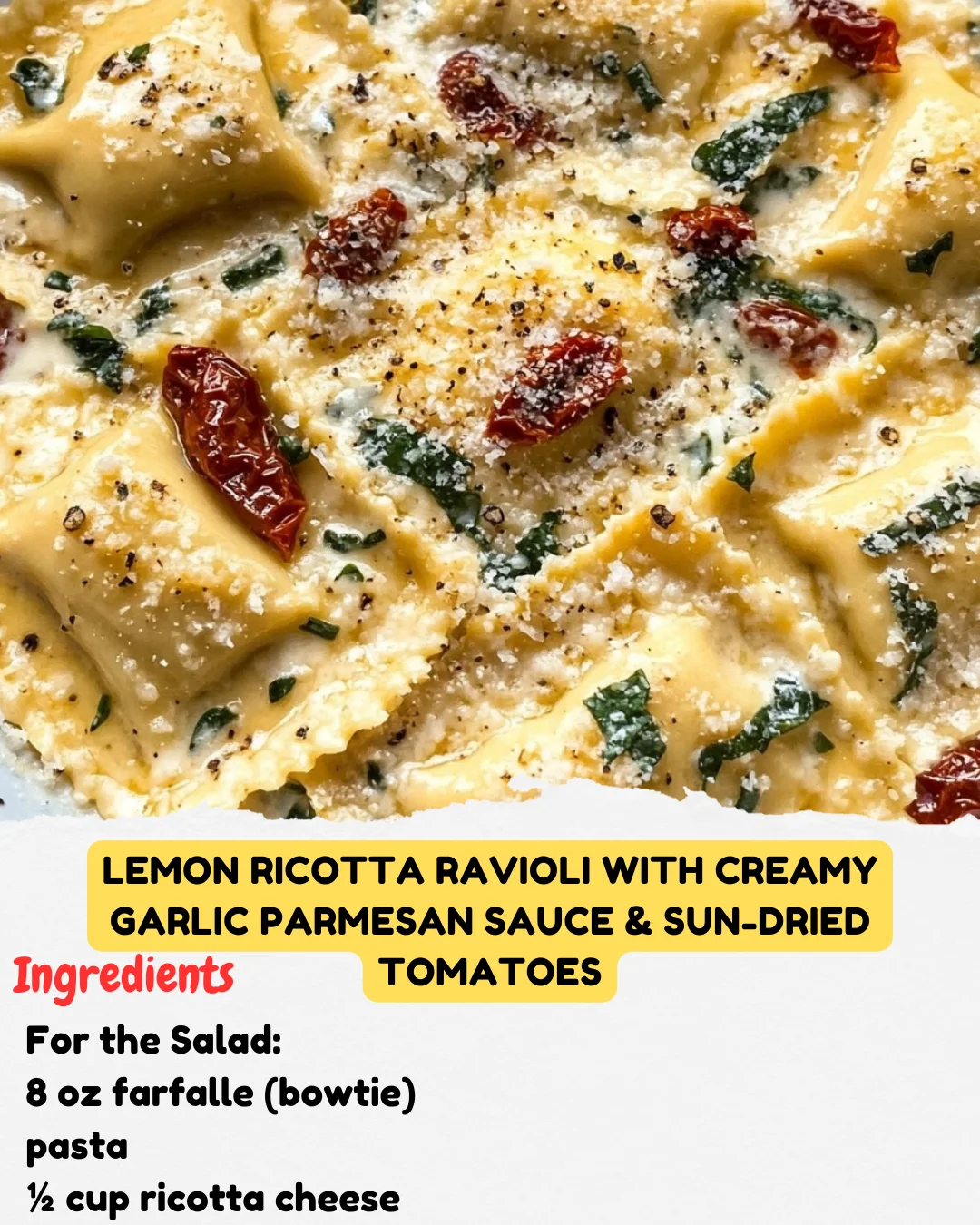 Lemon Ricotta Ravioli with Creamy Garlic Parmesan Sauce & Sun-Dried Tomatoes