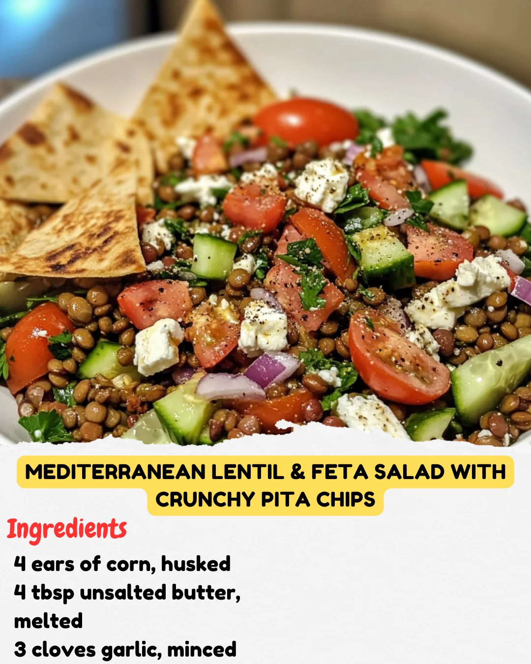 Mediterranean Lentil & Feta Salad with Crunchy Pita Chips