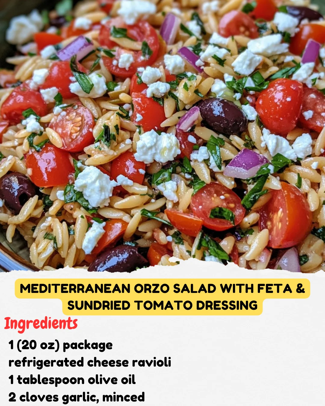 Mediterranean Orzo Salad with Feta & Sundried Tomato Dressing