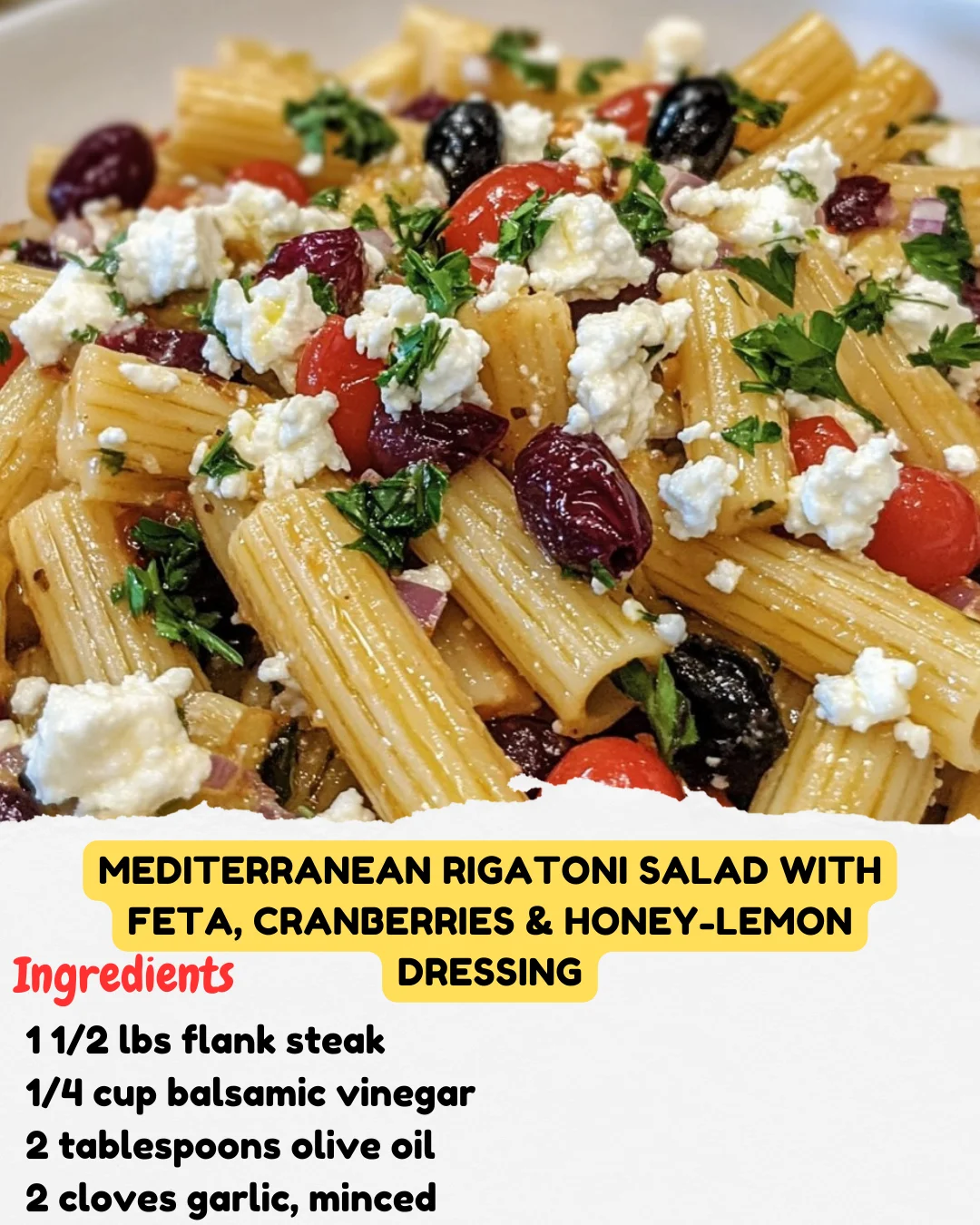 Mediterranean Rigatoni Salad with Feta, Cranberries & Honey-Lemon Dressing