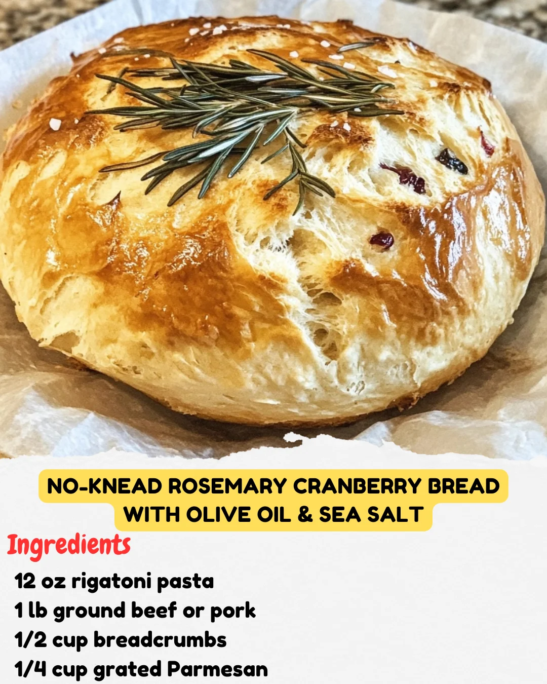 No-Knead Rosemary Cranberry Bread with Olive Oil & Sea Salt