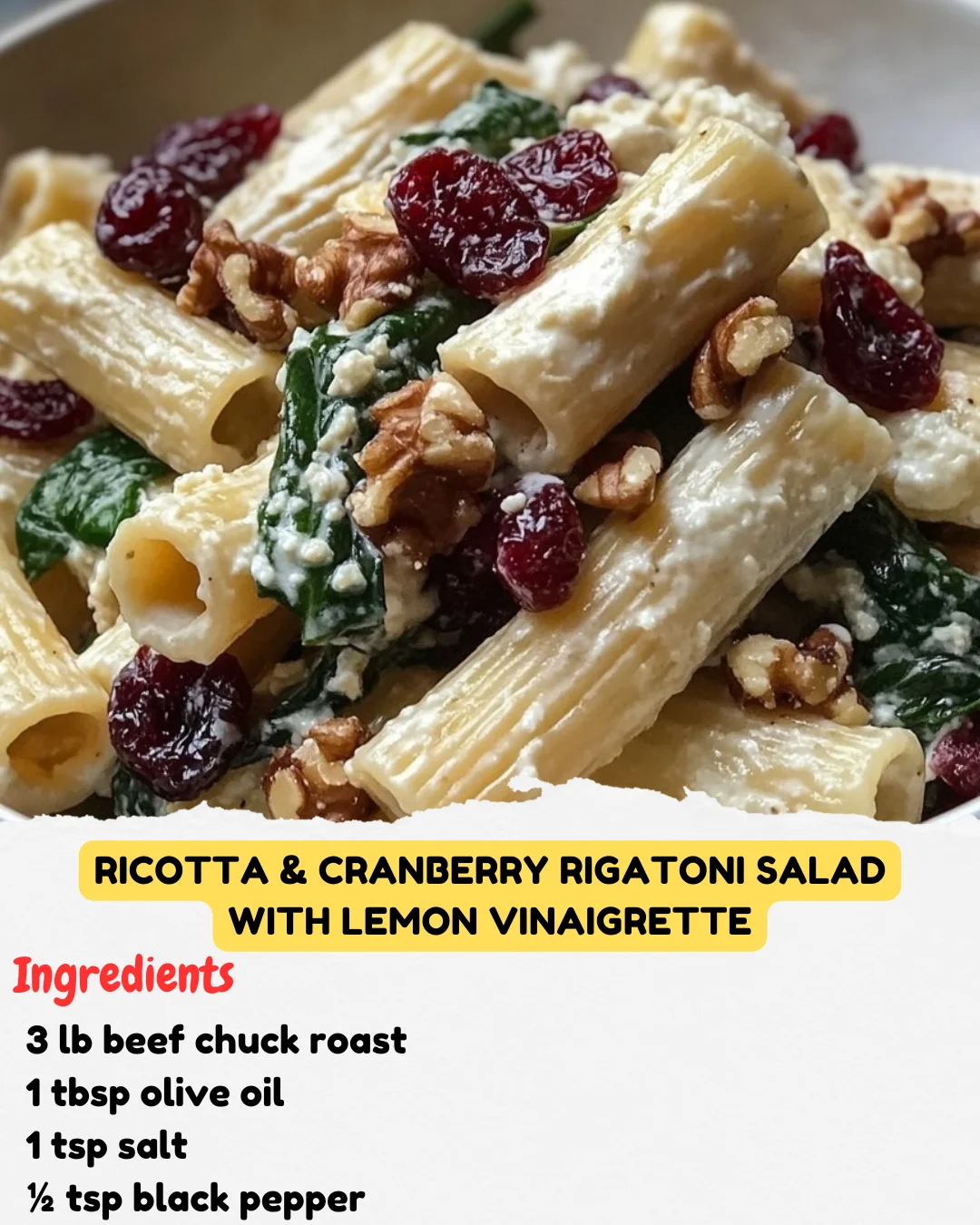 Ricotta & Cranberry Rigatoni Salad with Lemon Vinaigrette