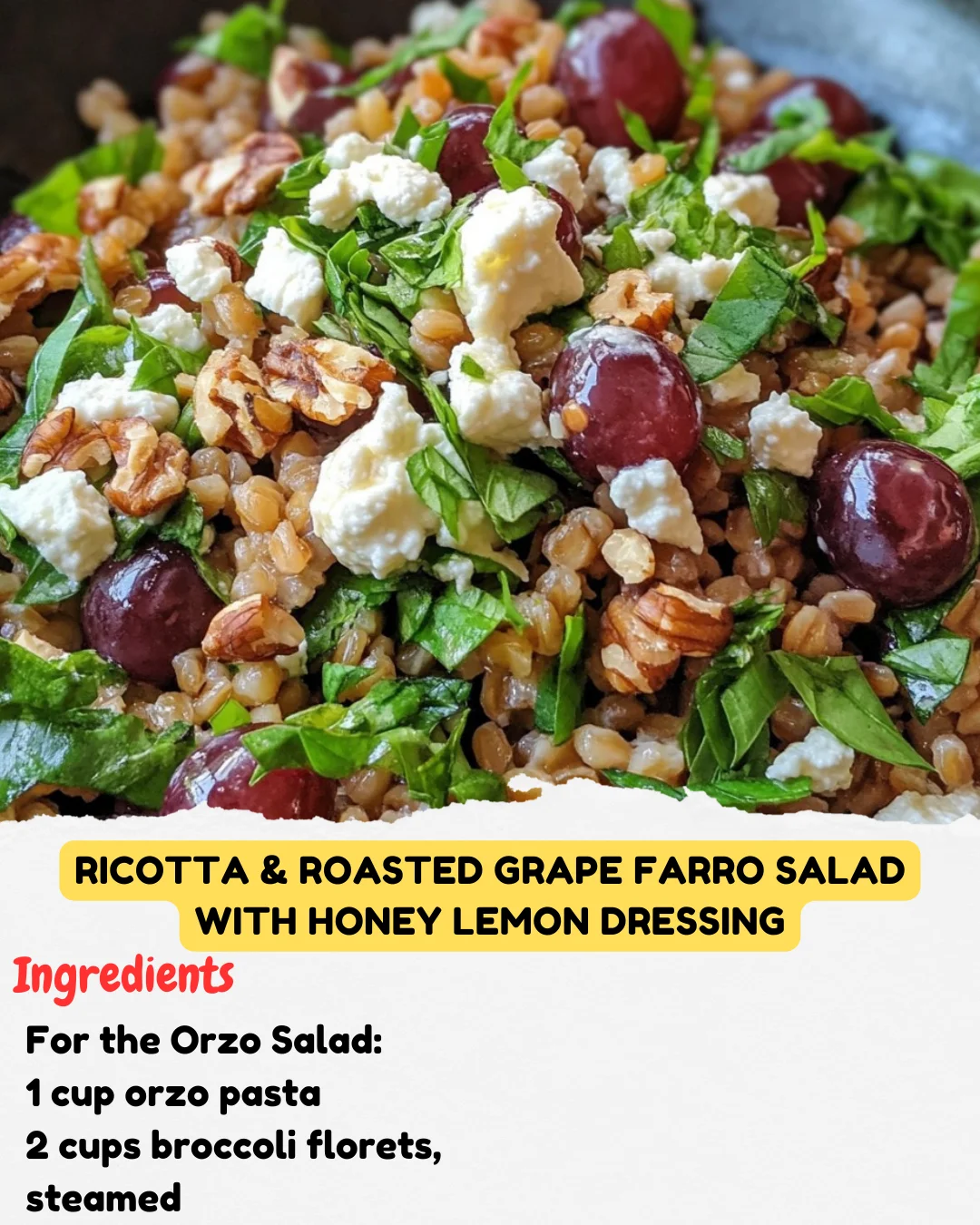 Ricotta & Roasted Grape Farro Salad with Honey Lemon Dressing