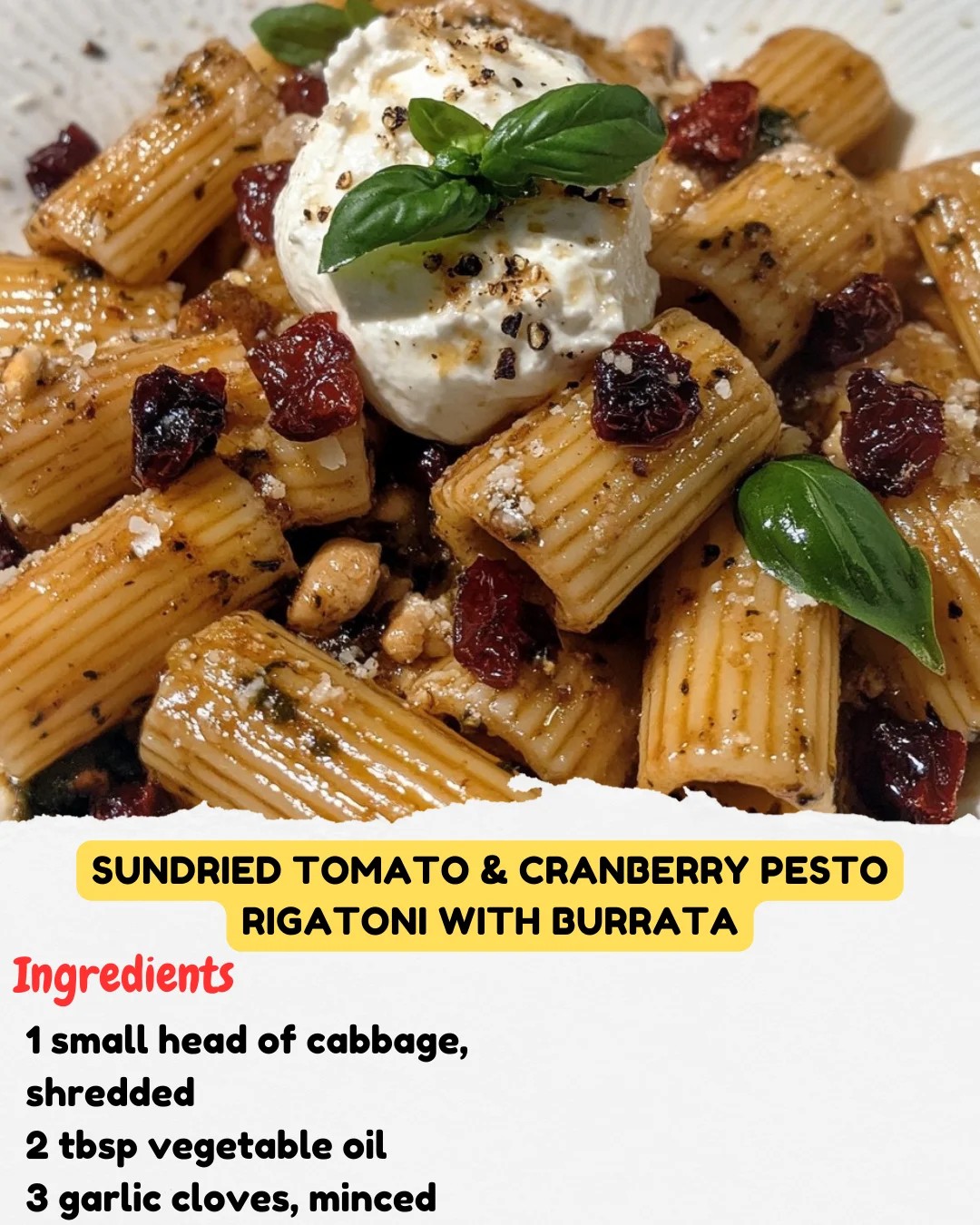 Sundried Tomato & Cranberry Pesto Rigatoni with Burrata