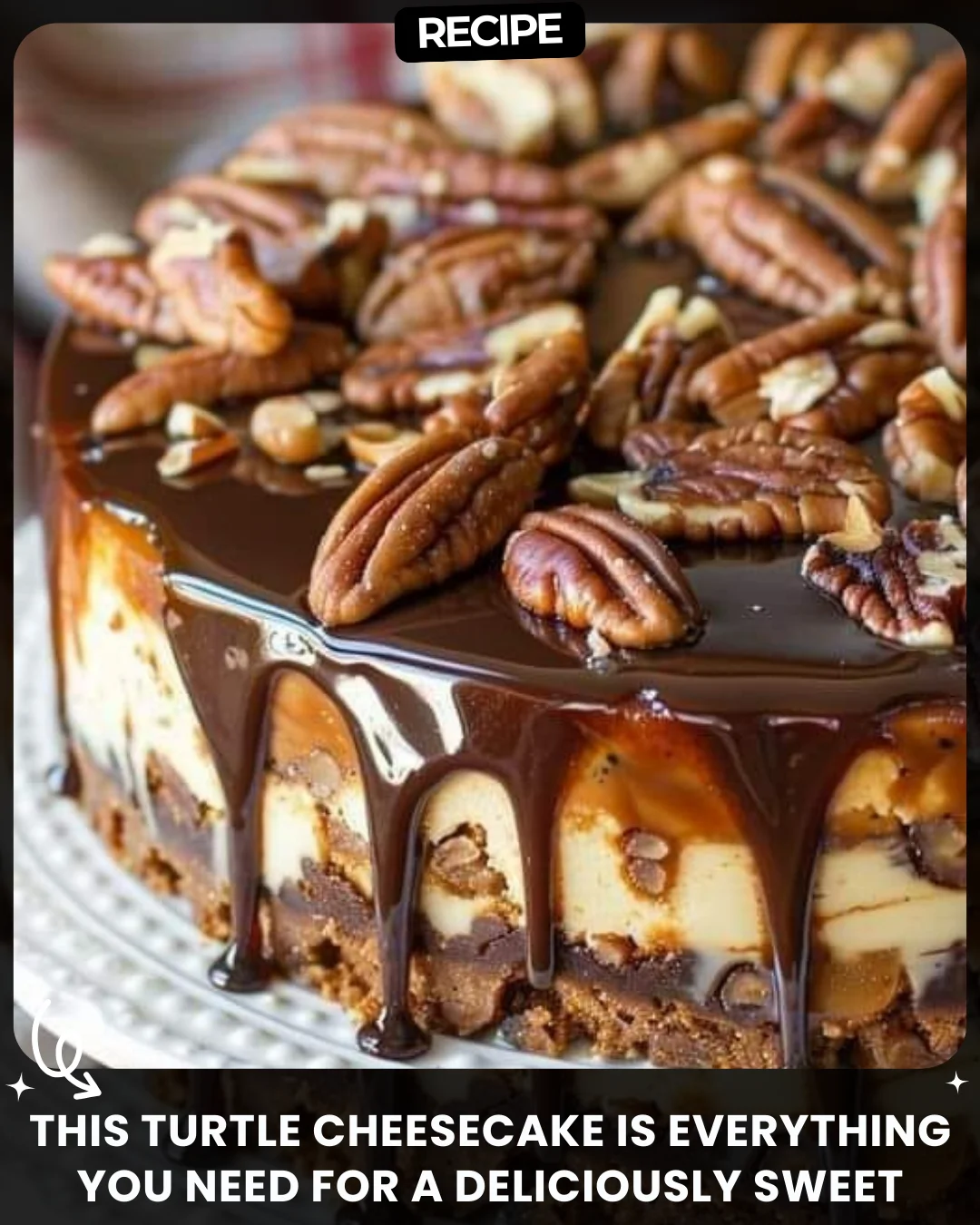 This Turtle Cheesecake is everything you need for a deliciously sweet treat – creamy, rich, and topped with gooey caramel and crunchy pecans!