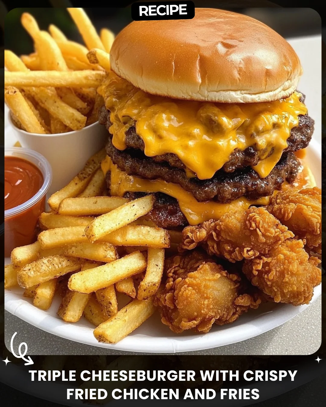 Triple Cheeseburger with Crispy Fried Chicken and Fries