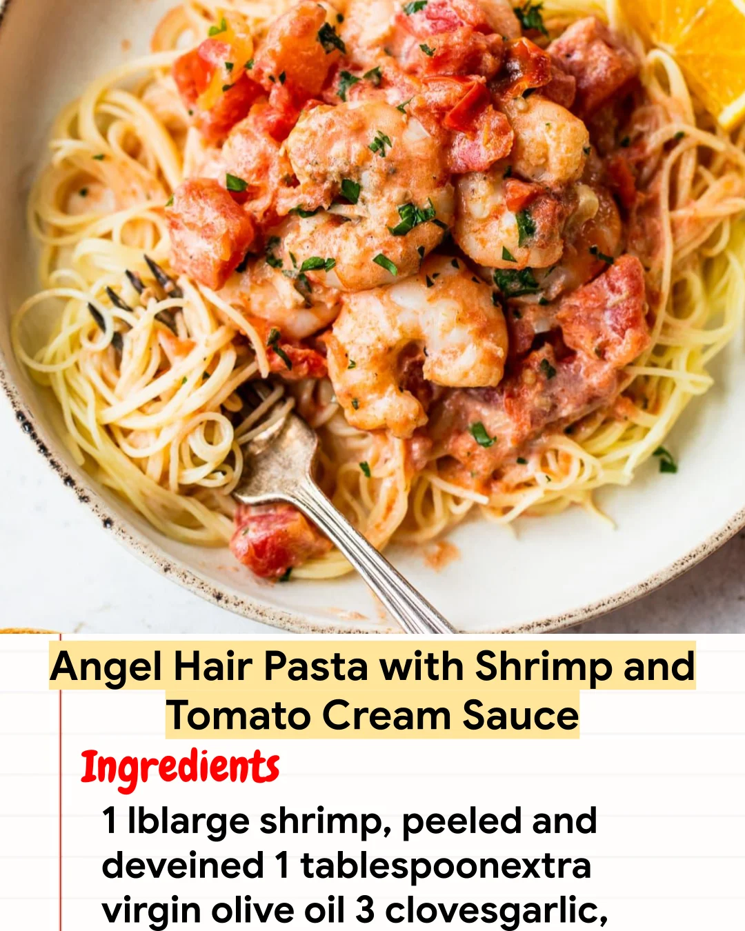 High protein Recipe Angel Hair Pasta with Shrimp and Tomato Cream Sauce