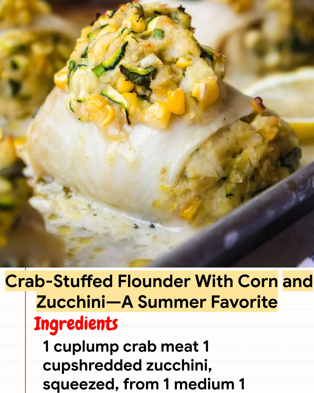 High protein Recipe Crab-Stuffed Flounder With Corn and Zucchini—A Summer Favorite