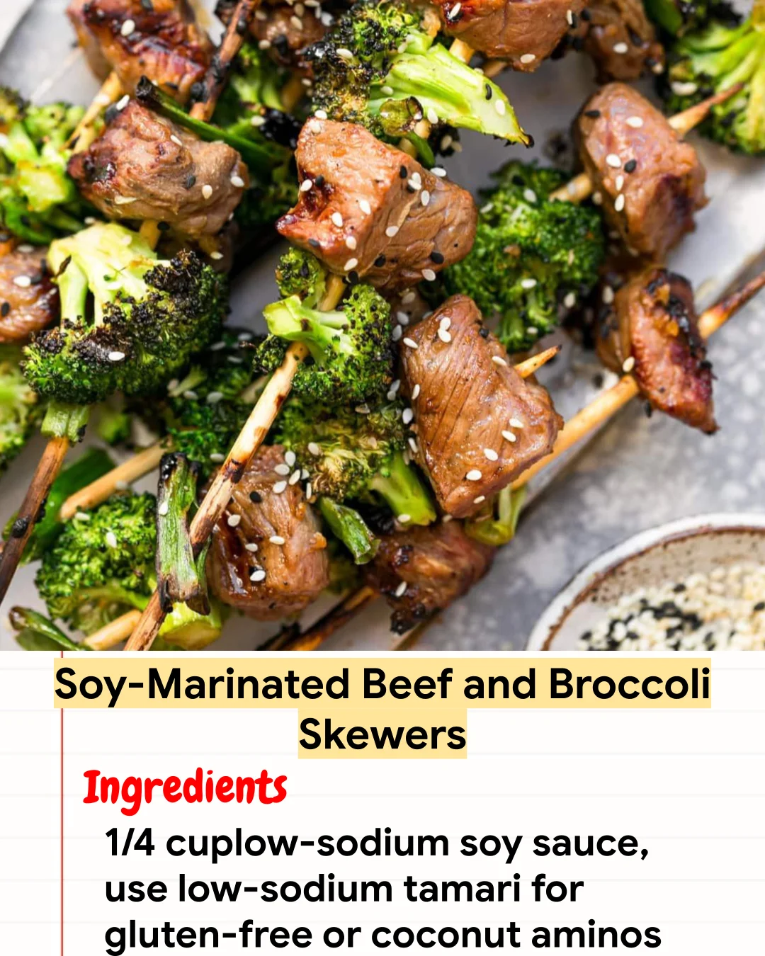 High protein Recipe Soy-Marinated Beef and Broccoli Skewers