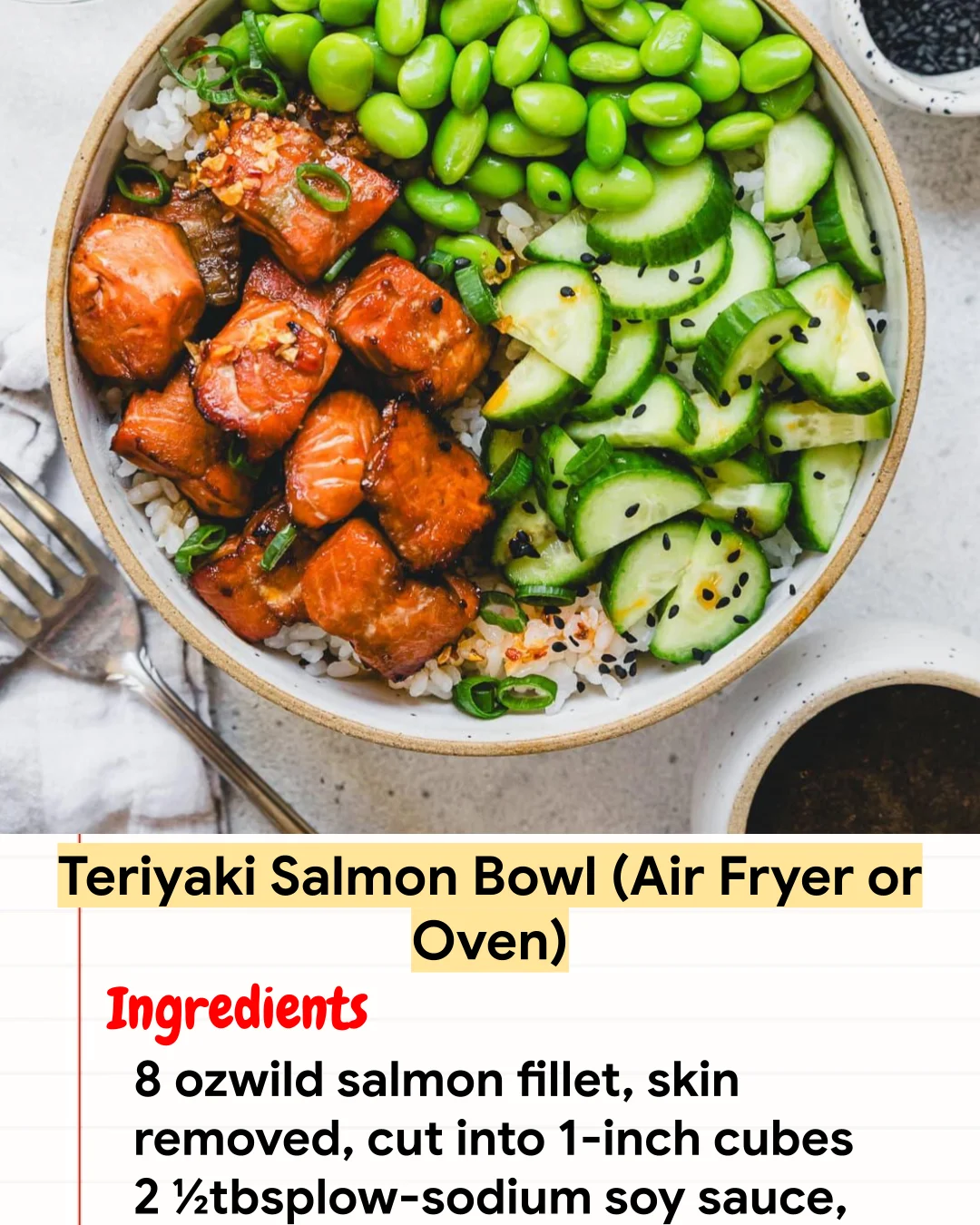 High protein Recipe Teriyaki Salmon Bowl (Air Fryer or Oven)