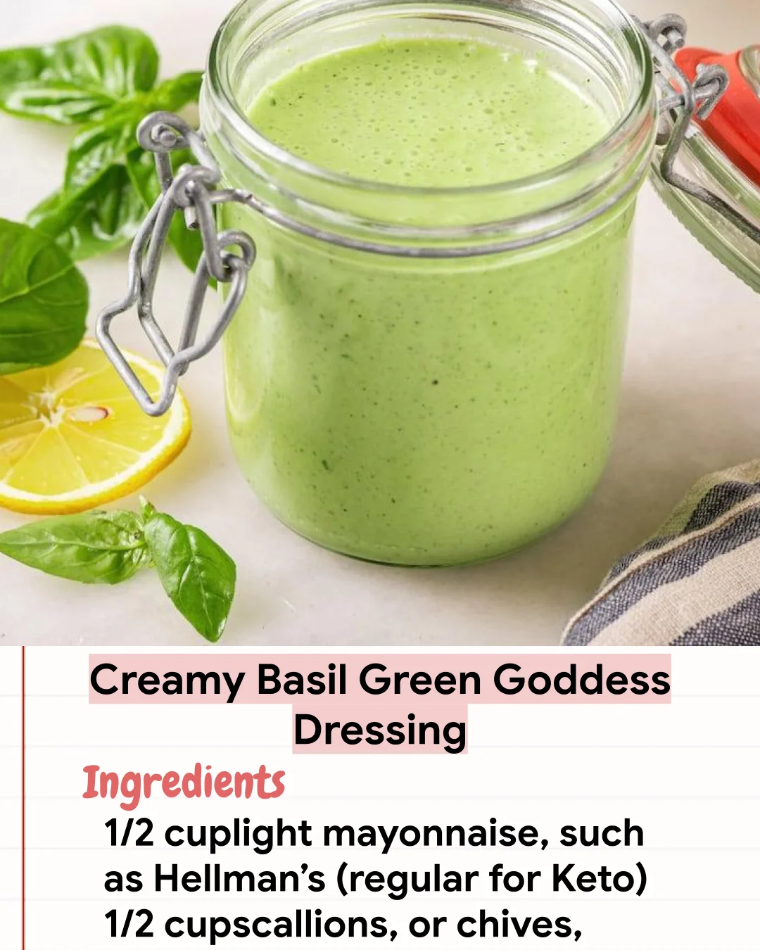 Low Carb Recipe Creamy Basil Green Goddess Dressing