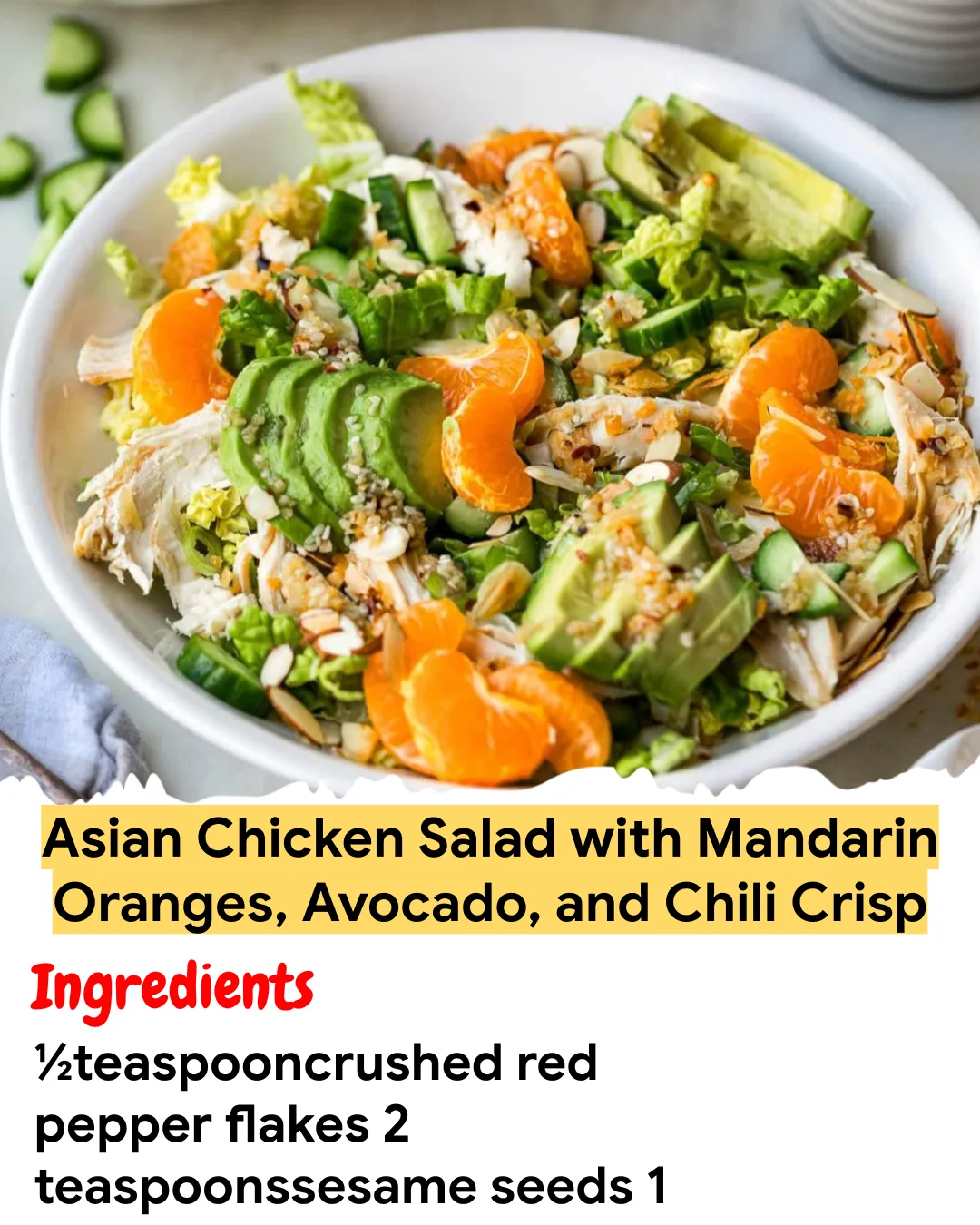Meal Prep Recipe Asian Chicken Salad with Mandarin Oranges, Avocado, and Chili Crisp