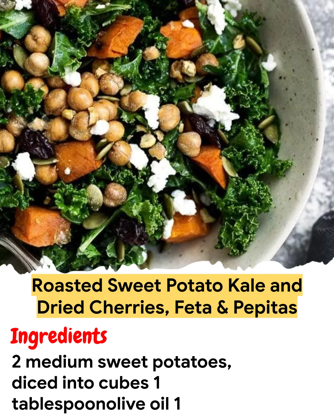 Meal Prep Recipe Roasted Sweet Potato Kale and Dried Cherries, Feta & Pepitas