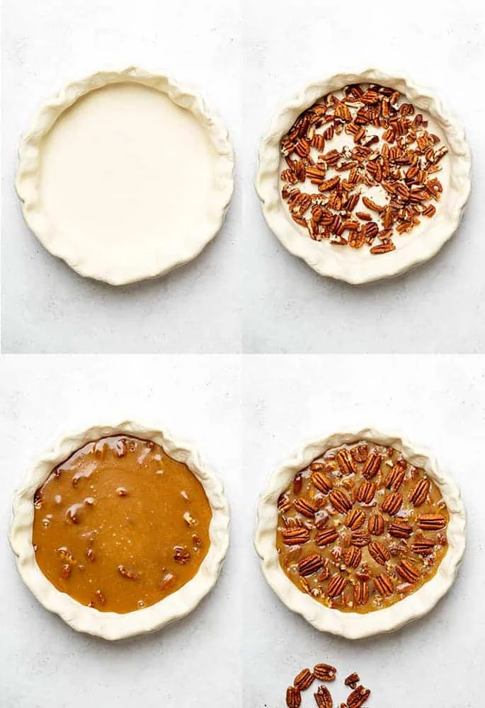4 images of gf pecan pie being made with a bare crust, crust with pecan pieces, filling on top, and decorative pecans on top ready to bake