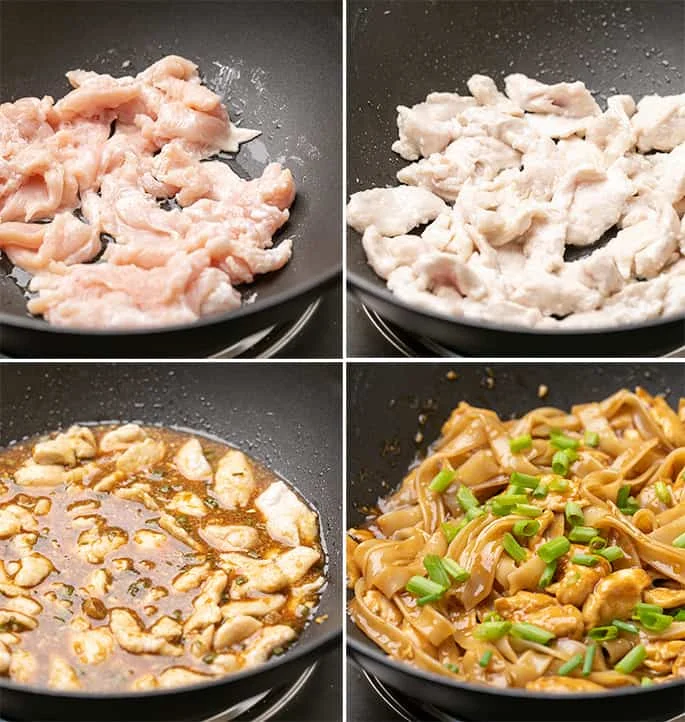 4 images of raw chicken, cooked chicken, with sauce, with noodles