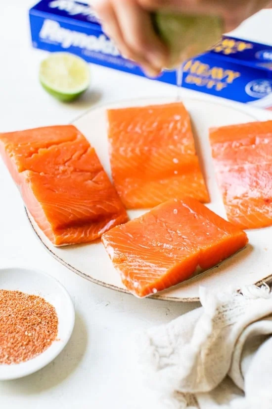 4 pieces raw salmon with foil