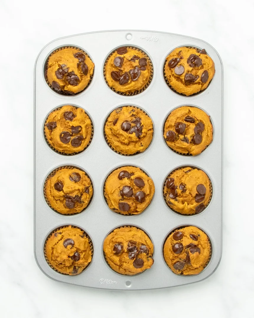 A 12-cup muffin tin holds 12 baked muffins with dark brown chips on top.