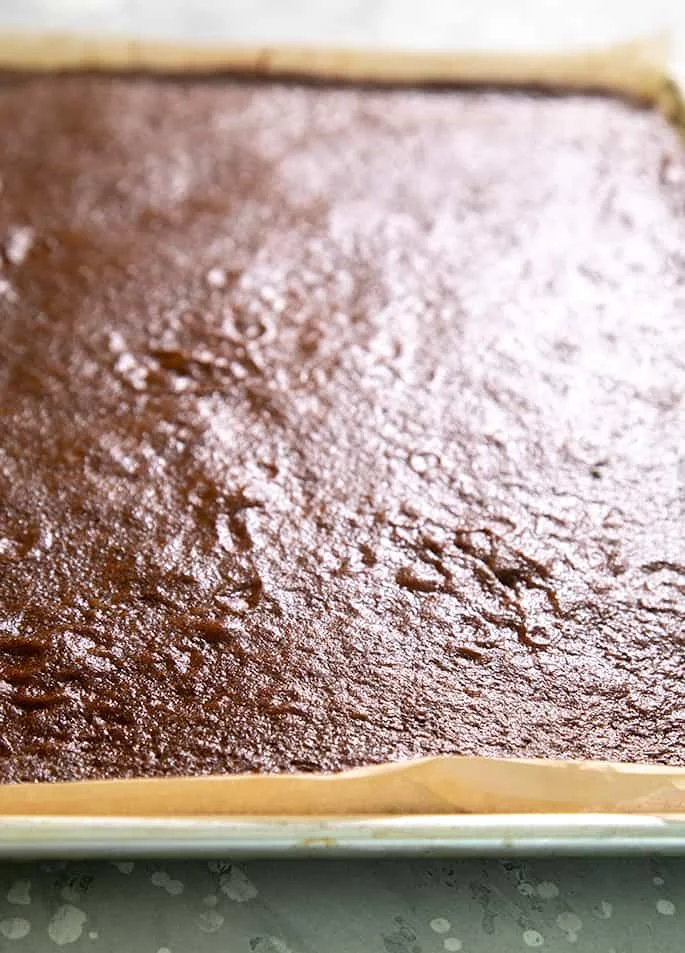 A close up of a chocolate sheet can in a tray.