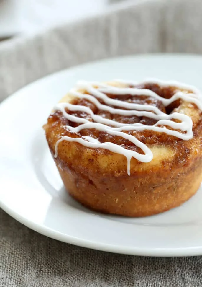 A close up of a cinnamon bun on a white plate 