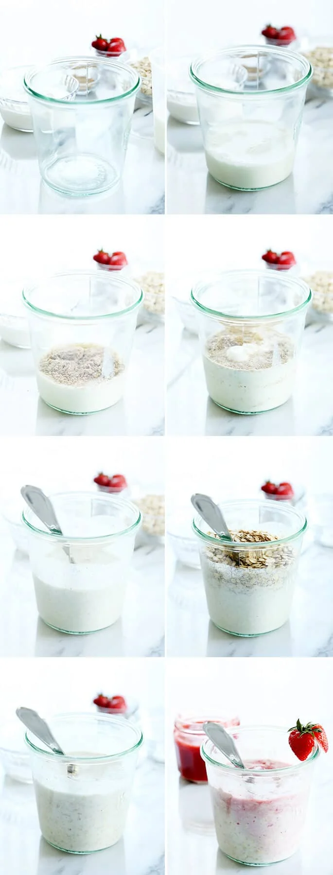 A close up of ingredients being mixed in jar for overnight oats 