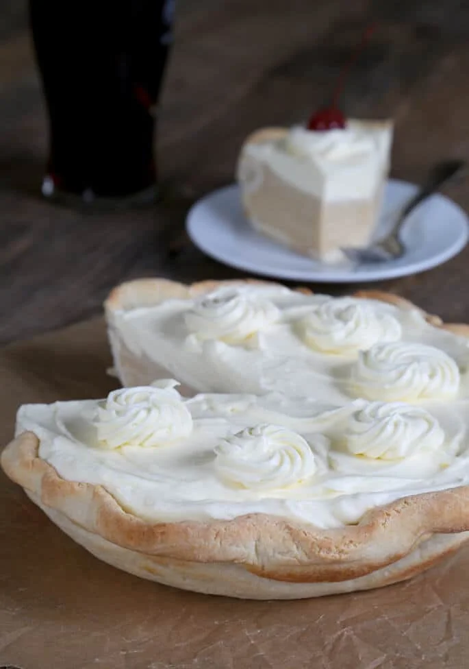 A close up of root beer float pie. 