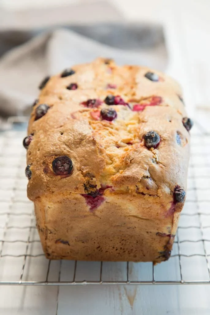 A close up of the end of a loaf of cranberry bread