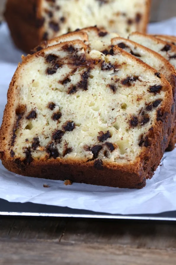 A closeup image of a chocolate chip yogurt bread slice