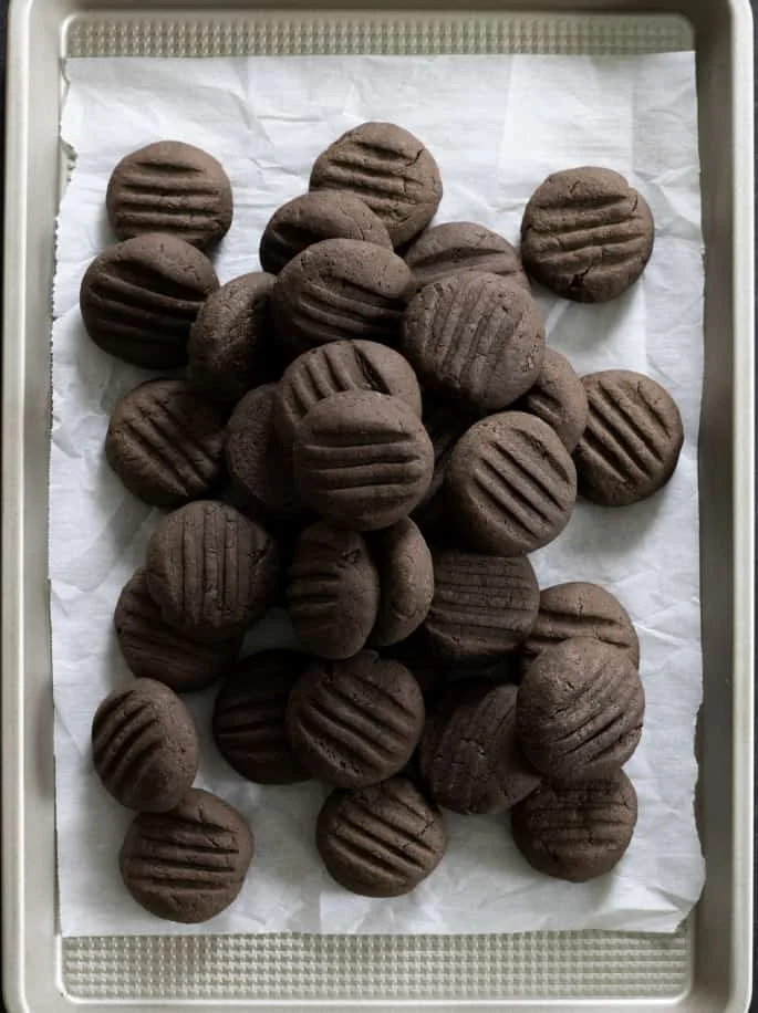 A full pile of chocolate gluten free meltaway cookies image from overhead.