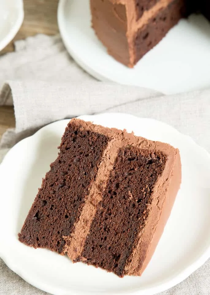 A piece of brown gluten free chocolate cake cake with two layers and frosting on a white plate