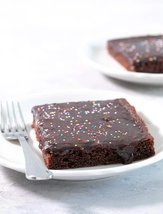 A piece of chocolate cake on a small plate with a fork
